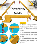 Beefy Workhorse Forklift Telescopic Jib Boom with 2 Ton Capacity and 0 to 75 Degree Tilt showcasing dual hooks and steel frame.