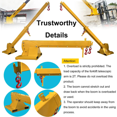 Beefy Workhorse Forklift Telescopic Jib Boom with 2 Ton Capacity and 0 to 75 Degree Tilt showcasing dual hooks and steel frame.