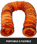 25 Ft PVC Flexible Ducting Hose with S Hooks and Steel Support for 8 Inch Utility Blower, shown in orange, with black rings