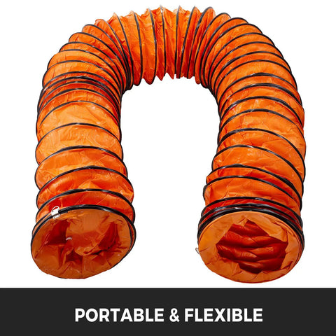 25 Ft PVC Flexible Ducting Hose with S Hooks and Steel Support for 8 Inch Utility Blower, shown in orange, with black rings