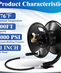 Heavy Duty Pressure Washer Hose Reel 100 Ft With Manual Crank, Steel Construction, Swivel Arm, Max Pressure 4000 PSI shown