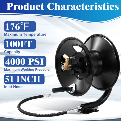 Heavy Duty Pressure Washer Hose Reel 100 Ft With Manual Crank, Steel Construction, Swivel Arm, Max Pressure 4000 PSI shown