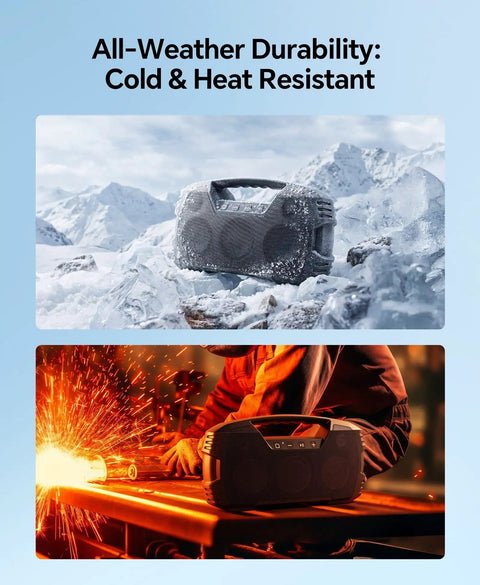 Rugged Outdoor Bluetooth Speaker IPX7 Waterproof, 90W Peak Power in snowy and heat conditions, showcasing all-weather durability.