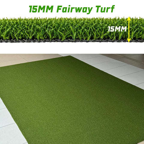 Indoor Golf Simulator Turf Mat For Home Setup 10 By 6 Foot With Reduced Rebound For Safer Practice And Realistic Ball Feel showing 15mm thickness.