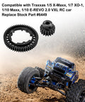 Beefed-Up Hardened Steel 54T Spur Gear 1 Mod And 18T Motor Pinion For Traxxas 1/5 X-Maxx shown beside RC car in action