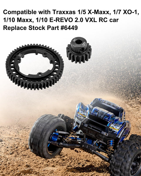 Beefed-Up Hardened Steel 54T Spur Gear 1 Mod And 18T Motor Pinion For Traxxas 1/5 X-Maxx shown beside RC car in action