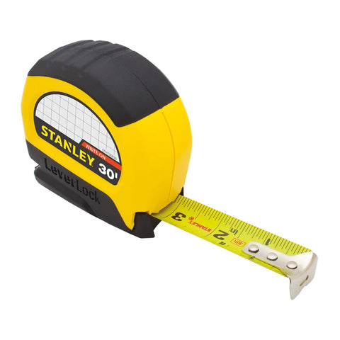 Lever Lock Tape Measure 30 Ft By 1 In with Tru Zero Hook, push release, self-locking polymer blade, high impact ABS case, extended blade