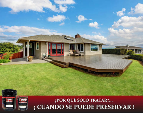 Heavy Hitter Oil Based Wood Preservative And Exterior Stain In Warm Pecan Hue displayed on well-protected wooden deck and home.