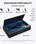 Biometric Gun Safe For Pistols With 3 Ways Quick Access Fingerprint Digital PIN And Key Portable Handgun Safe For Nightstand Bedside Or Living Room Holds 2 Pistols Plus Ammo UL1037 Certified, open showing interior with pistols and dimensions