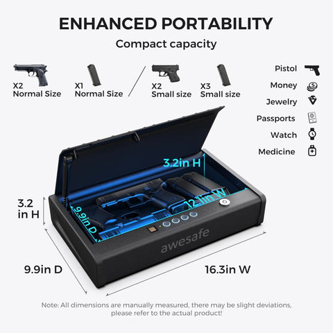 Biometric Gun Safe For Pistols With 3 Ways Quick Access Fingerprint Digital PIN And Key Portable Handgun Safe For Nightstand Bedside Or Living Room Holds 2 Pistols Plus Ammo UL1037 Certified, open showing interior with pistols and dimensions