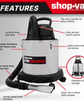 Heavy Duty Beast 5 Gallon Ash Dry Vacuum With Stainless Steel Tank, 4 Peak HP, labeled parts and features illustration