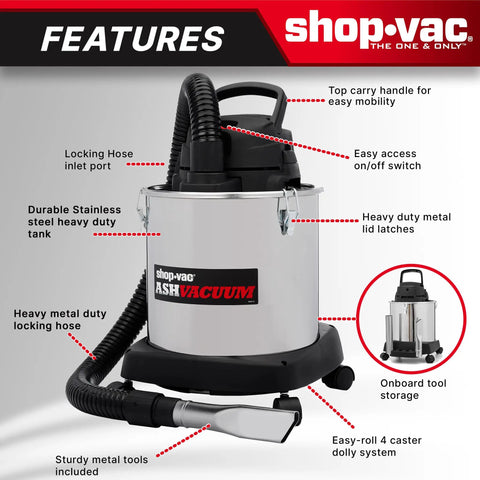 Heavy Duty Beast 5 Gallon Ash Dry Vacuum With Stainless Steel Tank, 4 Peak HP, labeled parts and features illustration