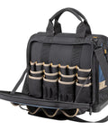 Heavy Duty Pro Grade Tech Tool Bag with Molded Base and Multi-Compartment 17 Inch Carrier, black and blue, side with open pockets