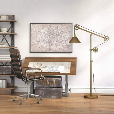 Pulley System Floor Lamp With Ribbed Glass Shade In Blackened Bronze And Clear, Adjustable 70 Inch Tall Lighting for a home office setup.