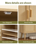Close-up of four features: door magnetic, wood handle, adjustable shelf, and solid wood legs of Rattan Style Storage Cabinet.