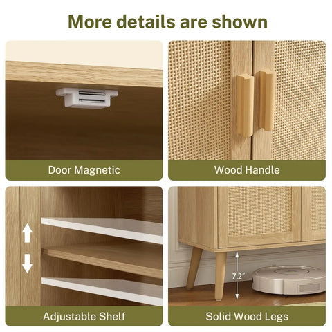 Close-up of four features: door magnetic, wood handle, adjustable shelf, and solid wood legs of Rattan Style Storage Cabinet.