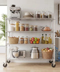 Heavy Duty Four Tier Metal Wire Storage Rack With Smooth Locking Casters And Rust Resistant Matte Finish storing kitchen supplies and appliances.