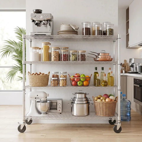 Heavy Duty Four Tier Metal Wire Storage Rack With Smooth Locking Casters And Rust Resistant Matte Finish storing kitchen supplies and appliances.