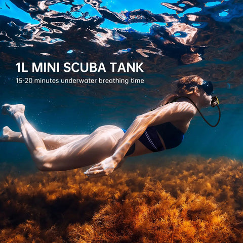 Diver exploring underwater with 1L Mini Scuba Tank Portable Breathing System For Underwater Adventures Delivers About 15 To 20 Minutes Of Air