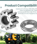 Two Pack Steering Shaft Pinion Gear And Bushing Kit For MTD 717-1554 Toro 112-0863 in front of riding mower with compatibility list