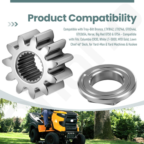 Two Pack Steering Shaft Pinion Gear And Bushing Kit For MTD 717-1554 Toro 112-0863 in front of riding mower with compatibility list