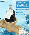 Front view of Drako-MyXX NR3XL brass pressure reducing valve with double union FNPT connections