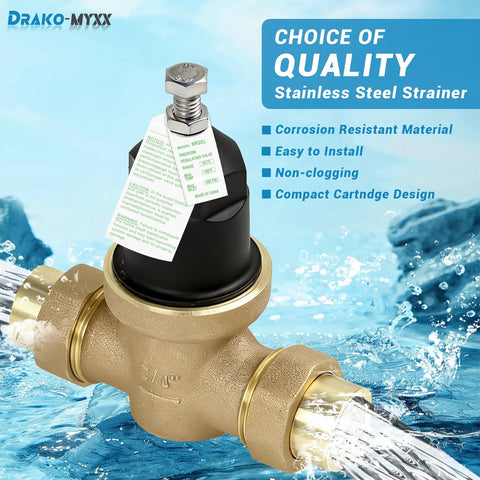 Front view of Drako-MyXX NR3XL brass pressure reducing valve with double union FNPT connections