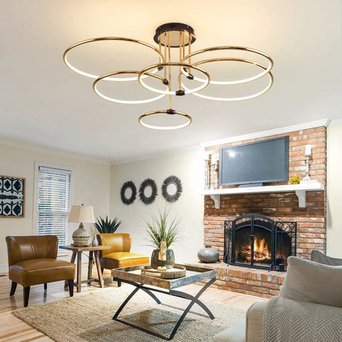 Dimmable 90W LED Ceiling Chandelier With Remote Control, Dope Gold Six Ring Flush Mount Light Fixture in living room, 41.3 Inch