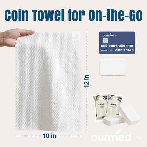 On The Go Mini Water Activated Towel Tablets, Disposable Washcloths That Expand With Water, Individually Wrapped, 12x10 Inch Size Shown