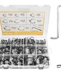 All-In-One 202 Piece Stainless Steel Hose Clamp Kit with Socket Wrench and Screwdriver, assorted sizes displayed in case