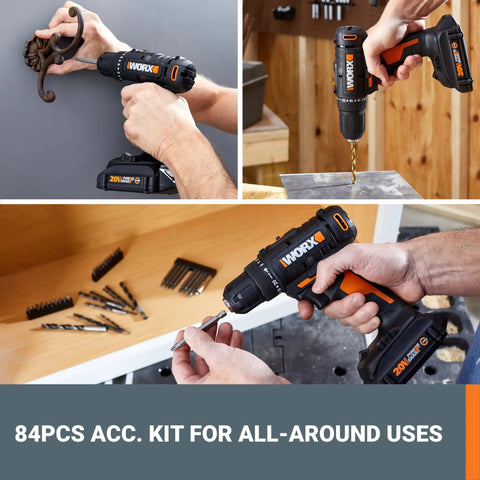 20V Cordless Drill Driver With 84 Piece Accessory Kit, Variable Speed Two Speed, 265 In Lbs Torque in various DIY tasks