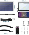 Components of 1000 Lumen 48 LED Solar Dusk To Dawn Outdoor Light With Remote Control Kit including solar panel, LED light, connectors, and remote.