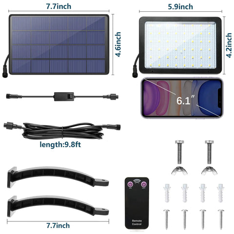 Components of 1000 Lumen 48 LED Solar Dusk To Dawn Outdoor Light With Remote Control Kit including solar panel, LED light, connectors, and remote.