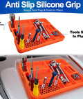 Heavy Duty Silicone Tool Tray Organizer With Non Slip Grip Flexible Heat Resistant Surface Easy To Clean Holds Sockets Screws Bolts Bits And More A Must Have Workshop Storage Mat in orange, showing organized sockets and tools.