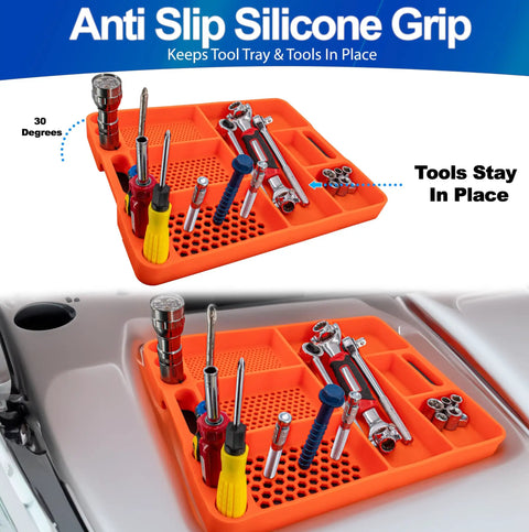 Heavy Duty Silicone Tool Tray Organizer With Non Slip Grip Flexible Heat Resistant Surface Easy To Clean Holds Sockets Screws Bolts Bits And More A Must Have Workshop Storage Mat in orange, showing organized sockets and tools.