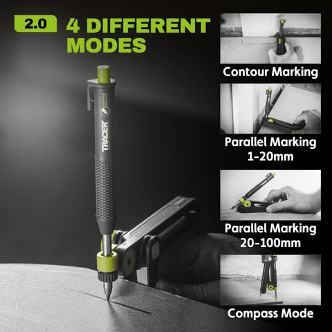 Heavy Duty Aluminum Scribe Set With Deep Hole Marking Pencil And Rugged Job Site Holster Built Tough For Woodworkers, displaying four marking modes.