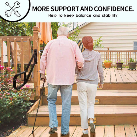 Elderly couple using Sturdy Outdoor Step Handrail With Wall Mount Polished Black Oval Tube 0.8x1.6 Inch 31.2 Inch Length on wooden steps
