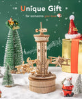 10 Inch 3D Wooden Puzzle Airplane Tower Music Box DIY Mechanical Model Kit For Adults Windup Rotating Tower That Plays Its A Small World on snow display
