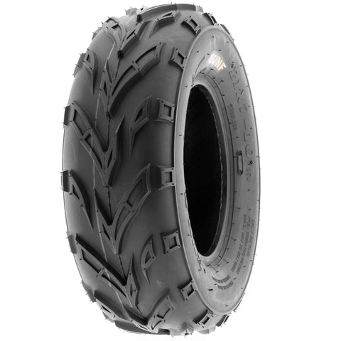 Close-up of Set Of 4 All Terrain Go Kart ATV Tires 16x6-8 Front And 16x7-8 Rear 6 Ply Tubeless With V Knobby Tread For Quad UTV Golf Cart Lawn Mower Replacement