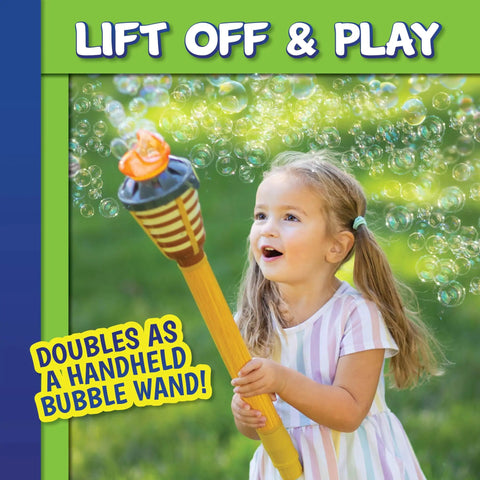 Child playing with 4 Feet Tall Bubble Machine With Lights And Music For Outdoor Parties, Rechargeable Bubble Blower With Wand