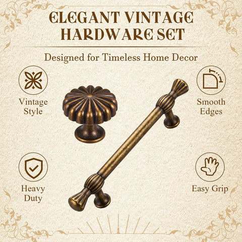 Vintage Zinc Alloy Cabinet Hardware Kit With Six Round Floral Knobs And Six Fluted Bar Pulls for a chic kitchen refresh.