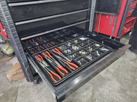 Heavy Duty Tool Tray Organizer For Tool Box, 25 Inch Long By 15.5 Inch Wide By 1.25 Inch High, shown in drawer with tools.
