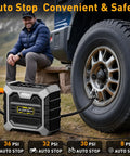 Portable Tire Inflator With Digital Pressure Gauge 12V DC Air Compressor inflating car tire, compact travel pump shown