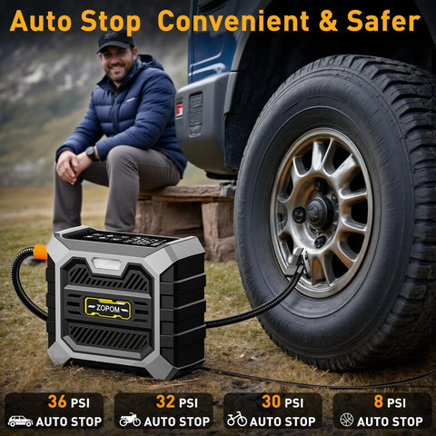 Portable Tire Inflator With Digital Pressure Gauge 12V DC Air Compressor inflating car tire, compact travel pump shown