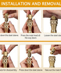 Installation steps for Brass Quick Disconnect Coupler Valve For Carpet Extractors And Wands, showing hands using the valve