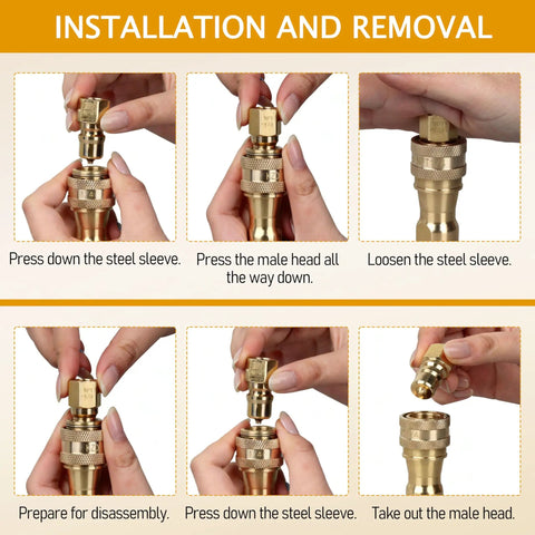 Installation steps for Brass Quick Disconnect Coupler Valve For Carpet Extractors And Wands, showing hands using the valve
