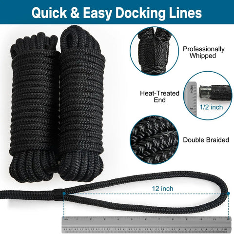 Four Pack Half Inch By Fifteen Foot Boat Dock Lines With Pre Spliced Twelve Inch Eyelet Black Marine Grade Double Braided Nylon
