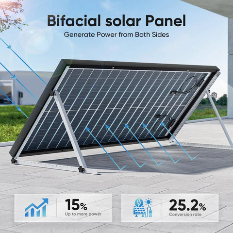 All-In-One 200W Bifacial Solar Panel Kit With 10A PWM Charge Controller displayed outdoors on a mounting bracket