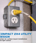 Heavy Duty 2x4 Utility Electrical Outlet Box Kit With Metal Enclosure, 20 Amp Tamper-Resistant Duplex Receptacle, 3-Pack, Includes Duplex Cover Plate, Grounding Screw, And Ten 1/2 Inch Knockouts, compact 2x4 metal outlet box installed with yellow cord