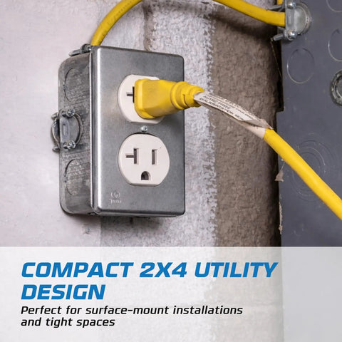 Heavy Duty 2x4 Utility Electrical Outlet Box Kit With Metal Enclosure, 20 Amp Tamper-Resistant Duplex Receptacle, 3-Pack, Includes Duplex Cover Plate, Grounding Screw, And Ten 1/2 Inch Knockouts, compact 2x4 metal outlet box installed with yellow cord